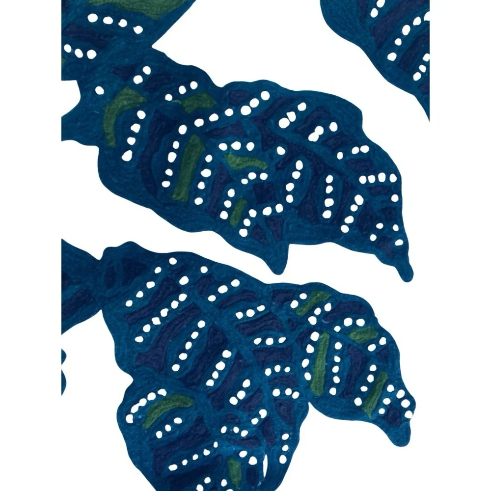 West Elm Crewel Embroidered Leaf Pillow Covers Teal Blue Set of 2